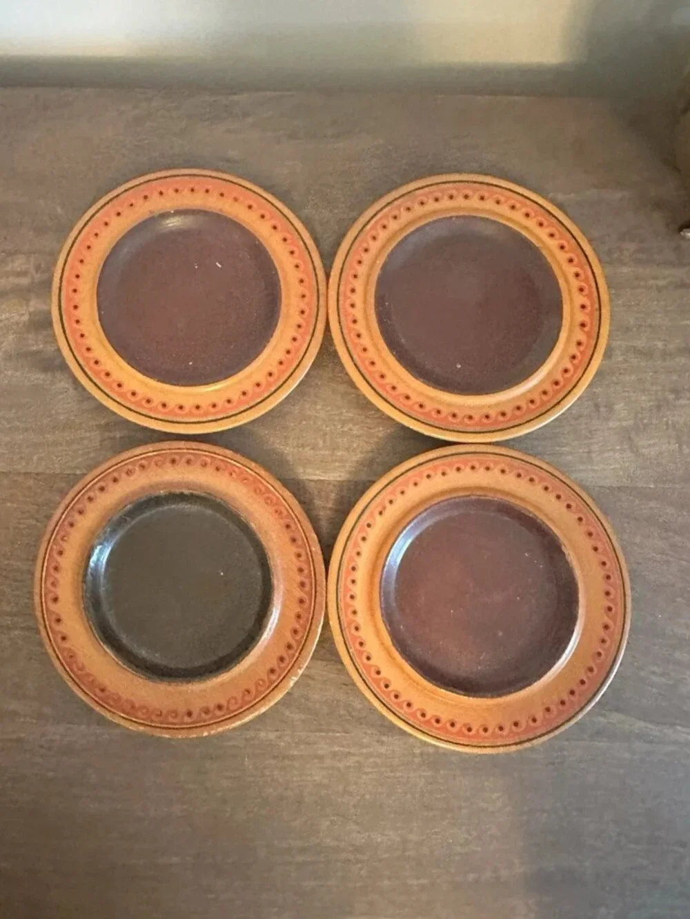Set of 4 Round Wood Coasters 4in Dotted Rim Made in Ukraine USSR